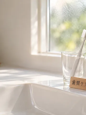 洗面台の歯ブラシと「歯間ケア」の木の札
