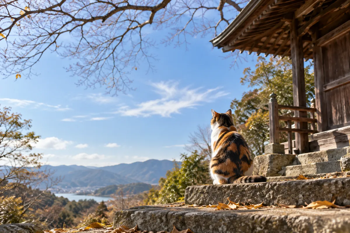 晴れた空を見上げる三毛猫と小さな社殿