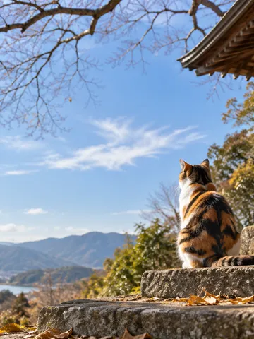 晴れた空を見上げる三毛猫と小さな社殿