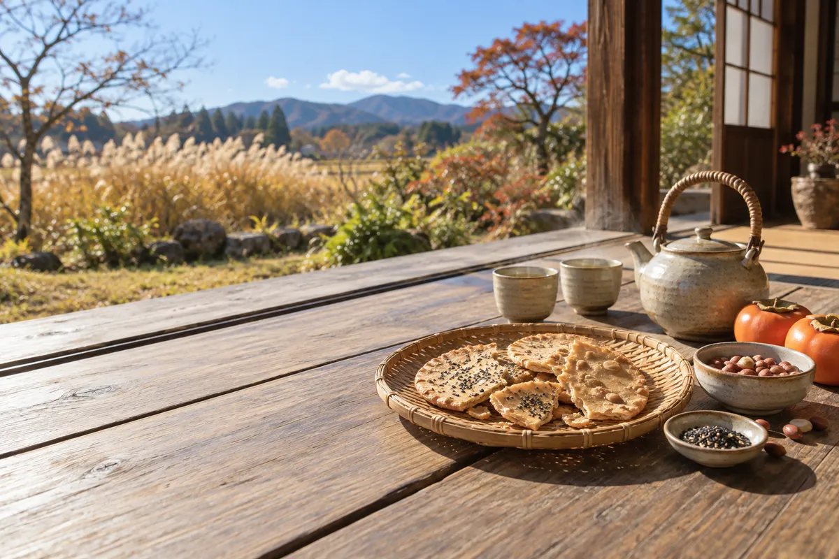 縁側の竹かごに割った素朴なせんべいとお茶