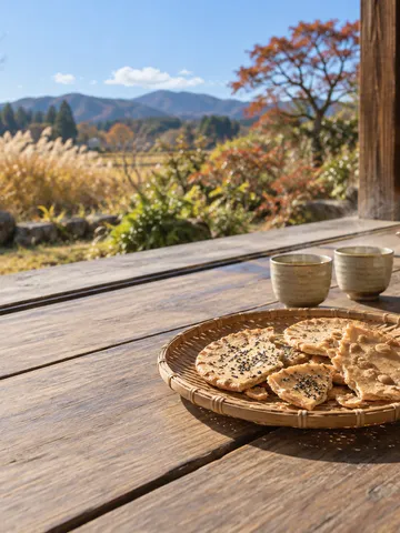 縁側の竹かごに割った素朴なせんべいとお茶