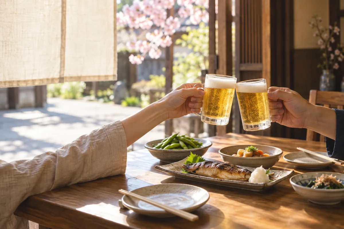 居酒屋の木のテーブルで杯を合わせる手元