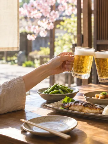 居酒屋の木のテーブルで杯を合わせる手元