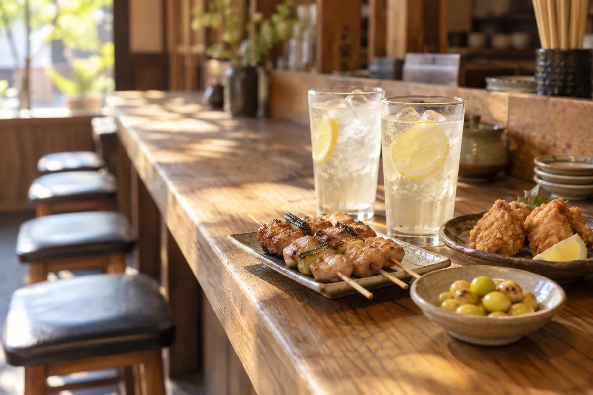 日だまりの居酒屋カウンターに並ぶ酎ハイと料理