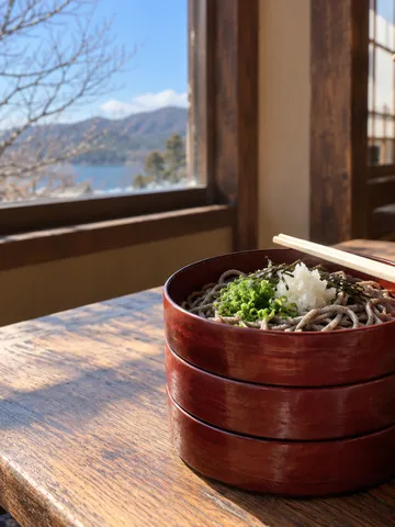 重ねた割子そばと、つゆ入れが並ぶ食卓