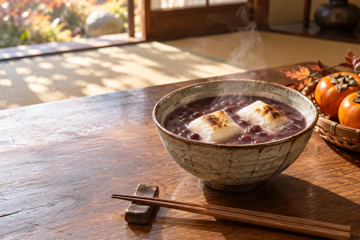 湯気の立つぜんざいと焼き餅、柿のある和室