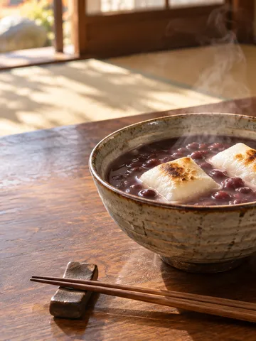 湯気の立つぜんざいと焼き餅、柿のある和室