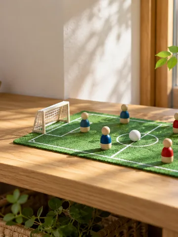 卓上のミニチュアのサッカー場と木の人形