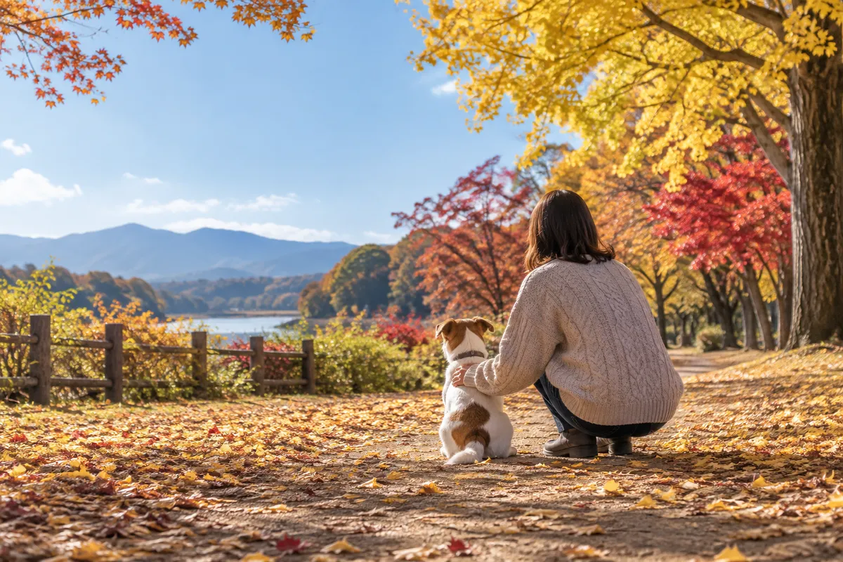 紅葉の公園で愛犬に寄り添う後ろ姿
