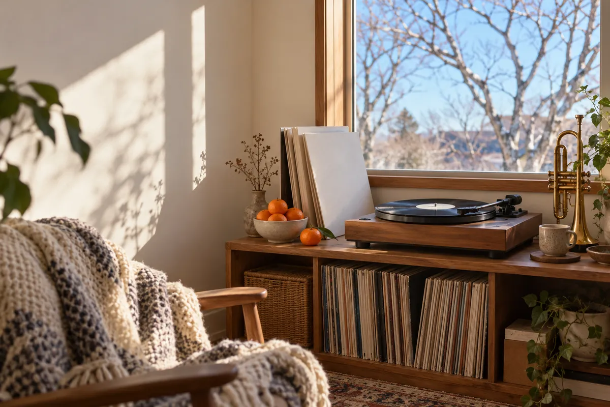 日なたの部屋でレコードが回るターンテーブルとトランペット