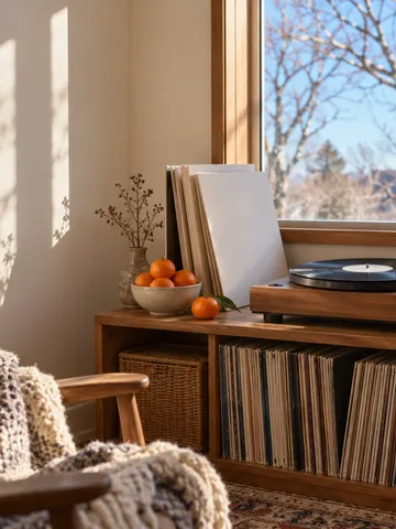 日なたの部屋でレコードが回るターンテーブルとトランペット