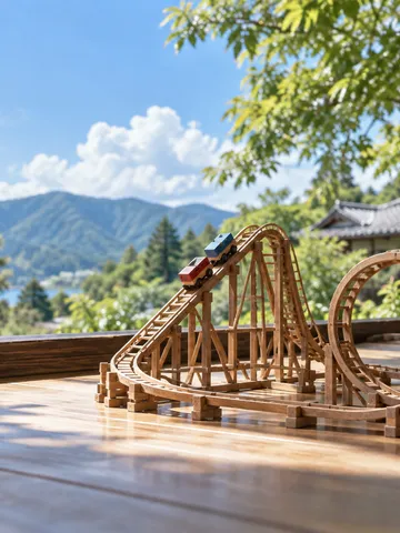 縁側に置かれた木製のおもちゃのジェットコースター