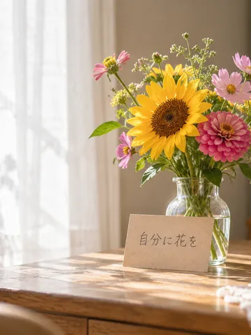 鏡と夏の花が並ぶ日なたの化粧台