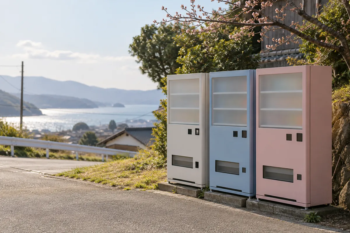 日なたの道沿いに並ぶ自動販売機