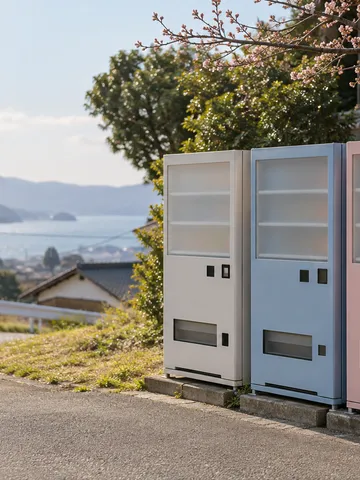 日なたの道沿いに並ぶ自動販売機