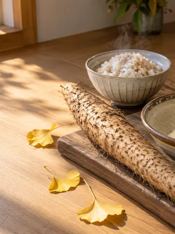 台所で自然薯とすり鉢、麦飯が並ぶ秋の昼