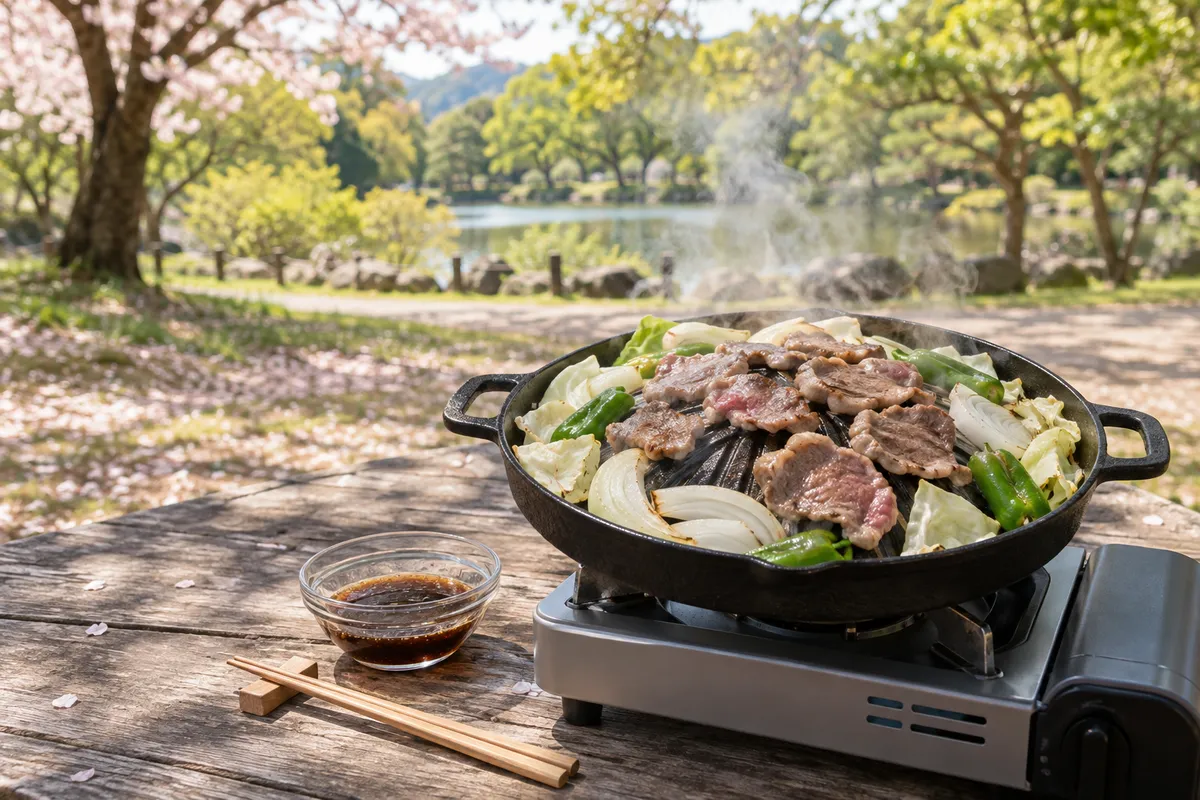 屋外のテーブルで羊肉と野菜を焼くジンギスカン鍋