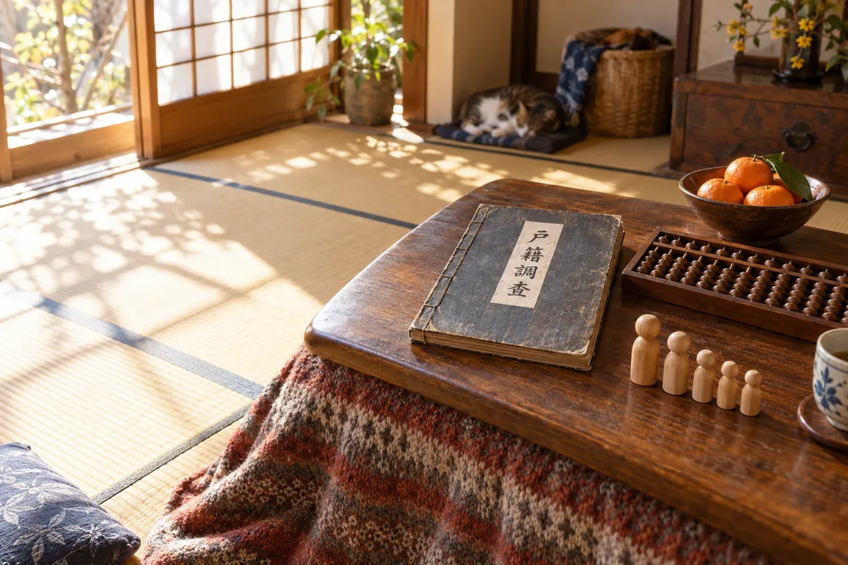 こたつの上の和綴じの帳簿とそろばん、木の人形