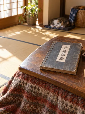 こたつの上の和綴じの帳簿とそろばん、木の人形