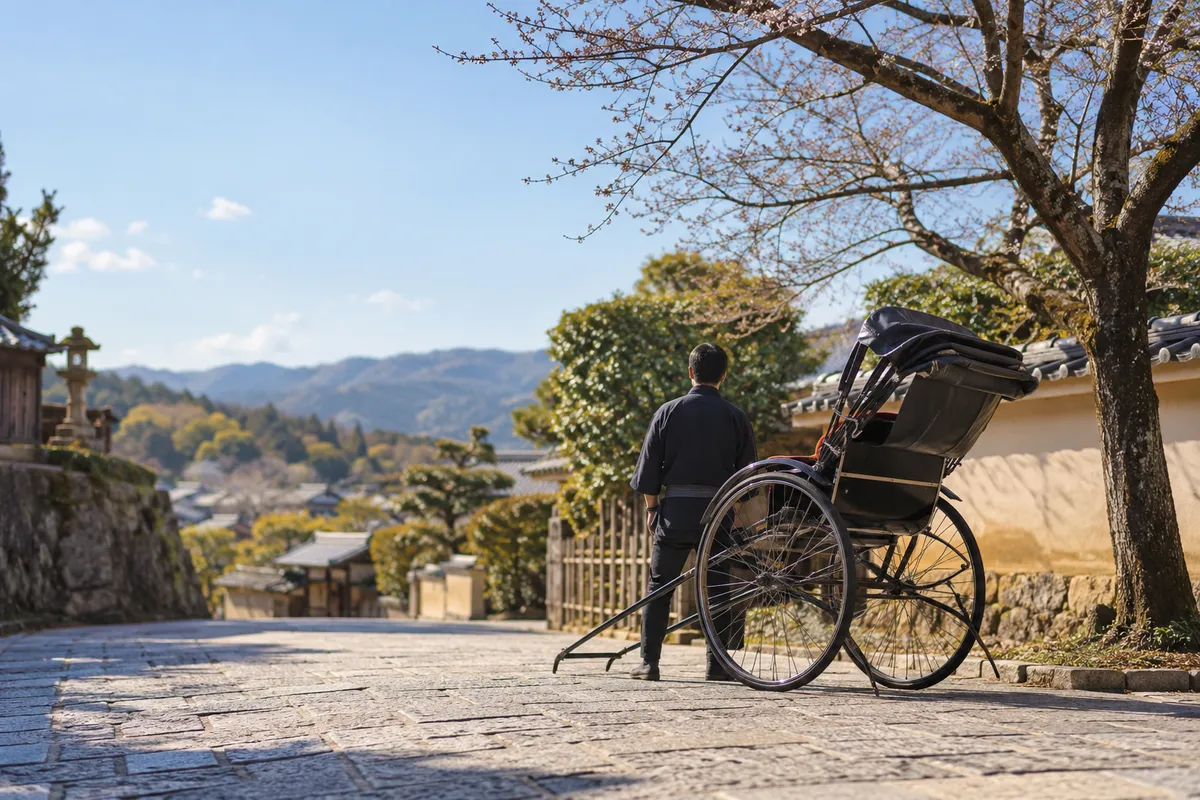 石畳の道に停まる人力車と後ろ姿の車夫