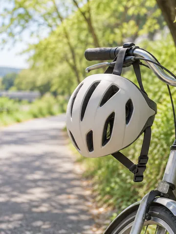 新緑の道に止めた自転車のハンドルにかかるヘルメット