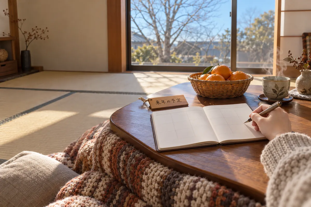 こたつの上の手帳と「来年の予定」の木札、みかん