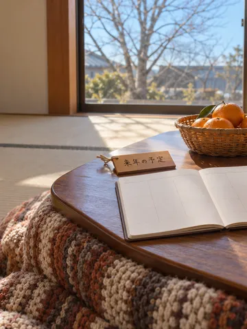 こたつの上の手帳と「来年の予定」の木札、みかん