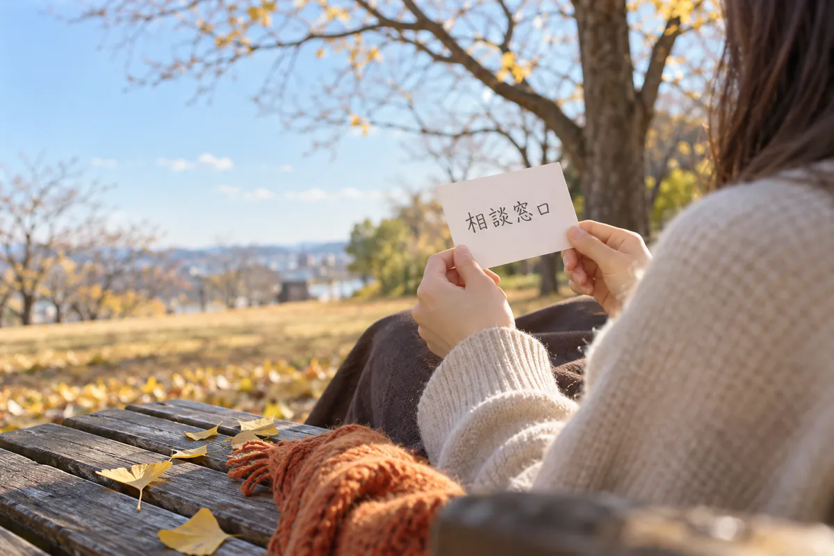 日なたのベンチで「相談窓口」と書かれたメモを持つ手元