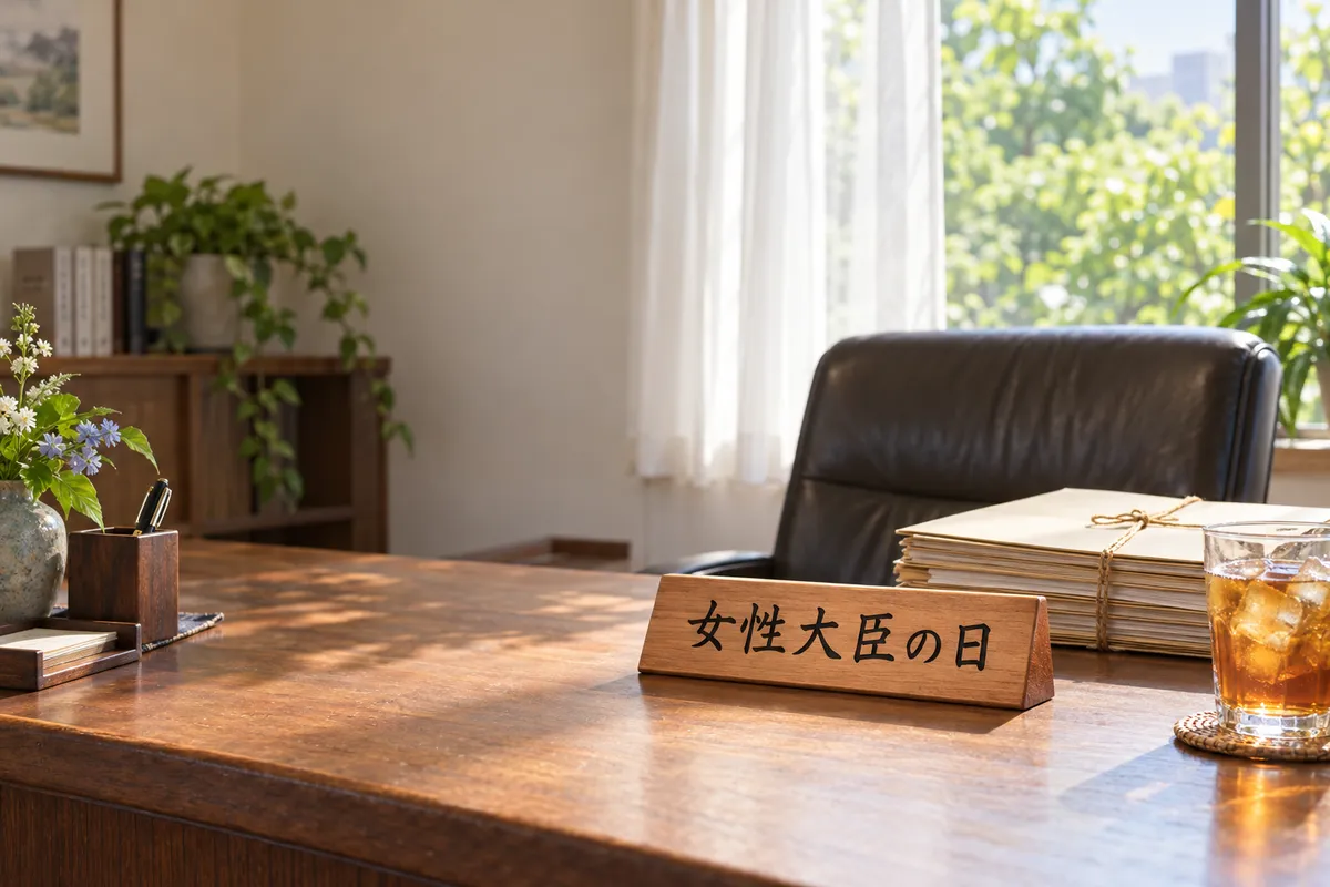 「女性大臣の日」と書かれた木札のある執務机