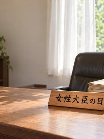 「女性大臣の日」と書かれた木札のある執務机