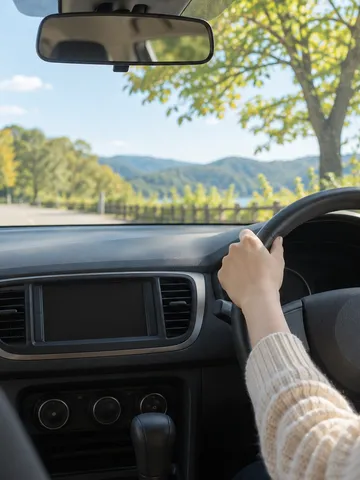 運転席でハンドルに手を置く女性の後ろ姿