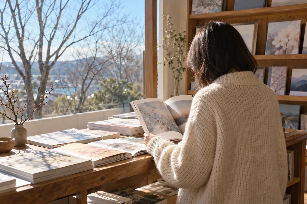 日だまりの書店で雑誌を開く後ろ姿