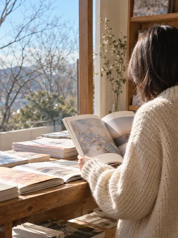 日だまりの書店で雑誌を開く後ろ姿