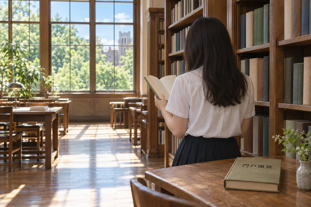 夏の大学図書館で本を手に取る女性の後ろ姿
