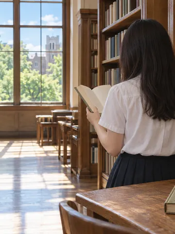 夏の大学図書館で本を手に取る女性の後ろ姿