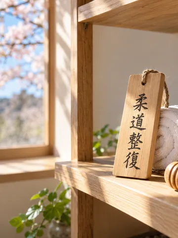 「柔道整復」の木札と白いタオルのある、日の差す施術室の棚
