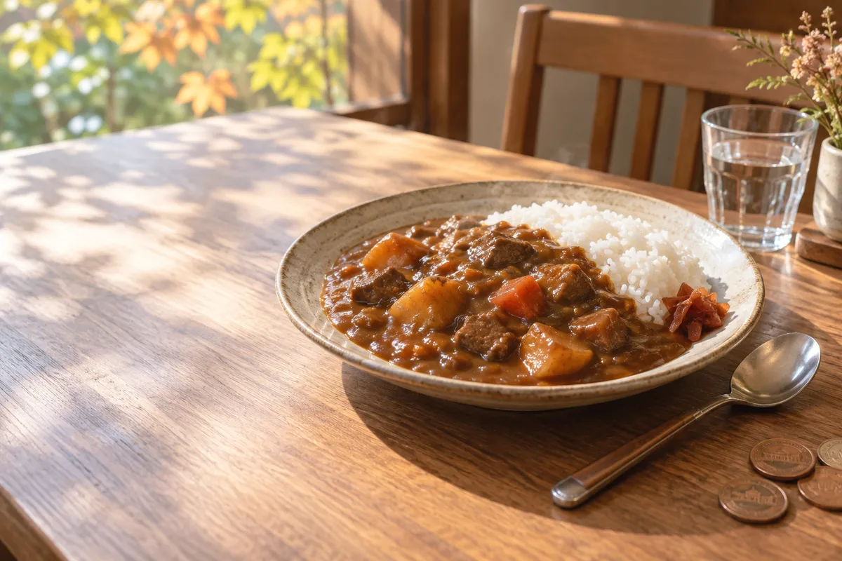 10円玉を添えた洋食店のカレーライス
