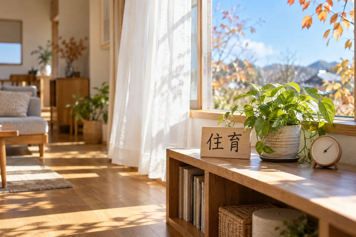日差しの入る居間の棚に置かれた「住育」の木の札