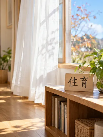 日差しの入る居間の棚に置かれた「住育」の木の札