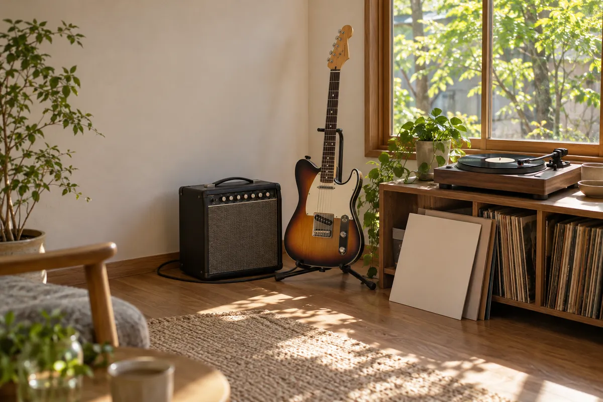 日だまりの部屋のエレキギターとレコードプレーヤー