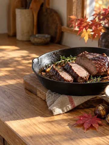 鹿肉のソテーと栗、紅葉が並ぶ台所