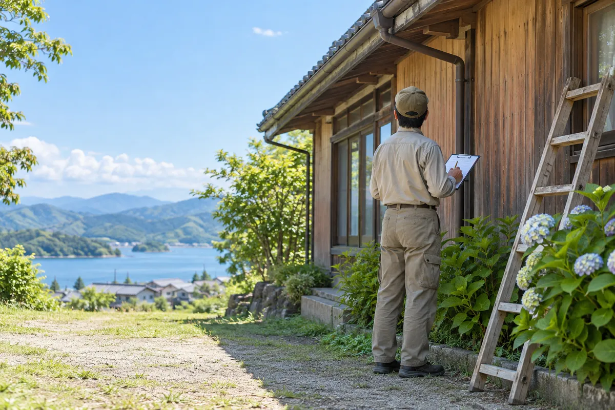 晴れた日に外壁と雨どいを点検する職人の後ろ姿