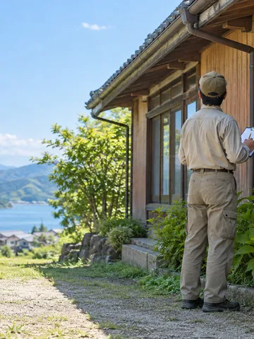 晴れた日に外壁と雨どいを点検する職人の後ろ姿