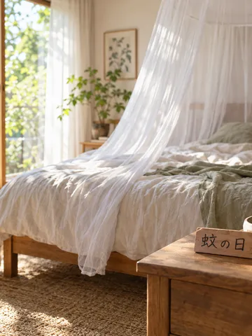 蚊帳のかかった寝室と「蚊の日」の木札
