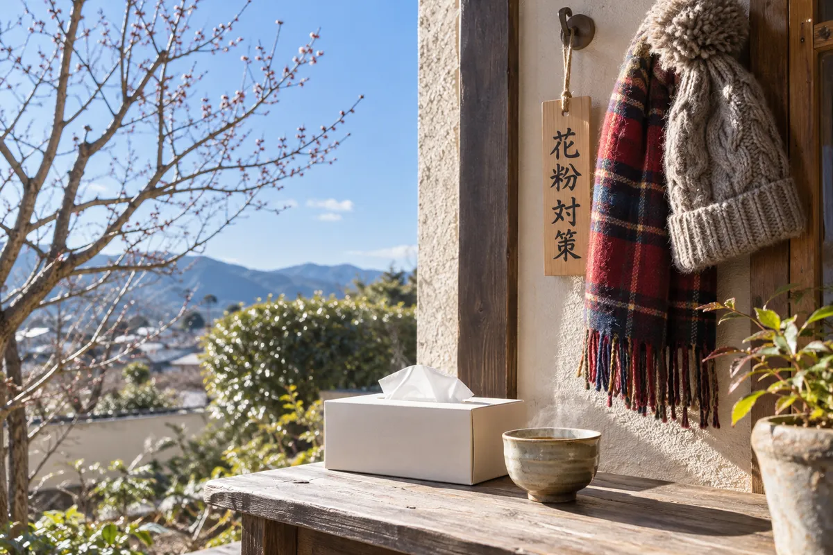 「花粉対策」の札と冬の日なたの玄関先