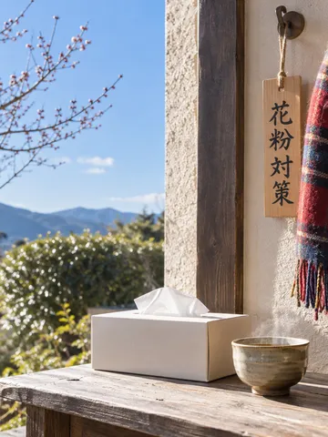 「花粉対策」の札と冬の日なたの玄関先