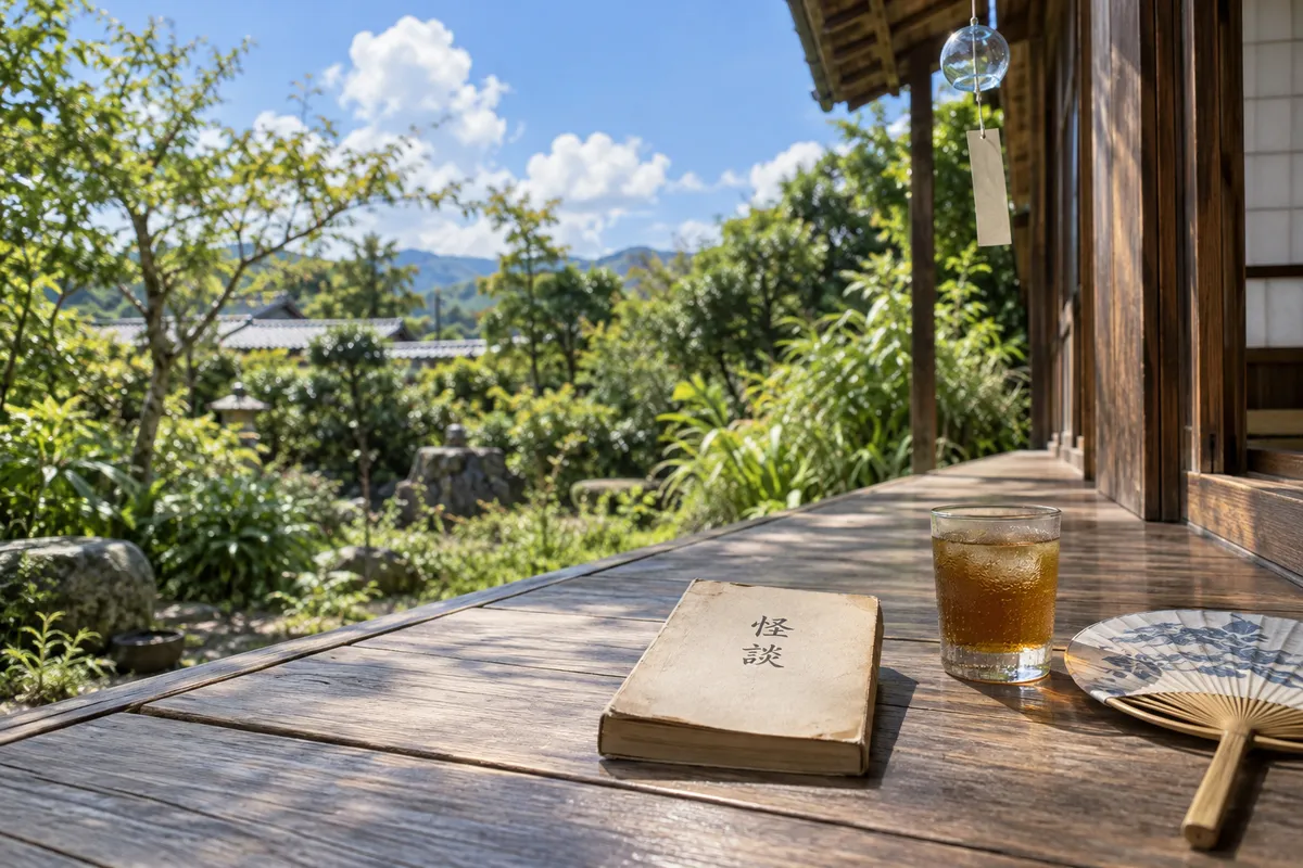 夏の縁側に置かれた「怪談」の本と麦茶、風鈴