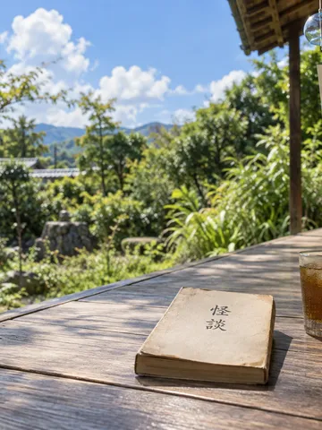 夏の縁側に置かれた「怪談」の本と麦茶、風鈴