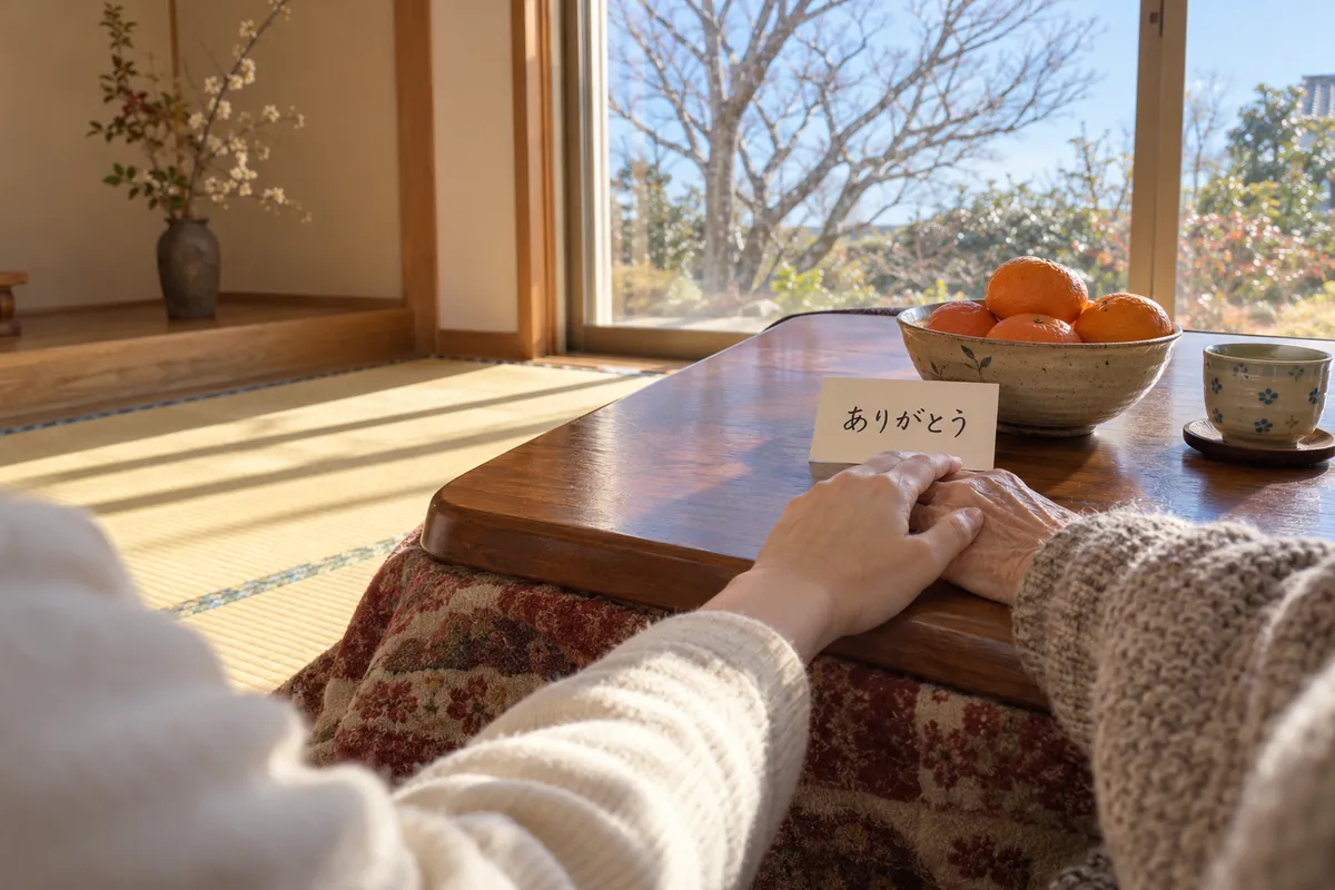 こたつの上で重ねた手とみかん、ありがとうのメモ