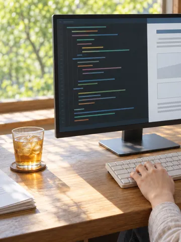 明るい昼の机で、コードと文書が並ぶ画面を見る後ろ姿